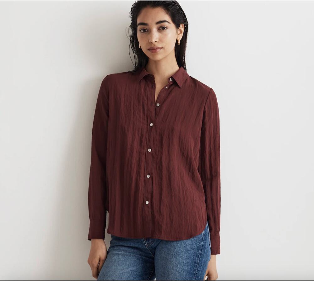 MADEWELL NWT Crinkled Button-Up Shirt in Dark Cabernet NN598 // XXL